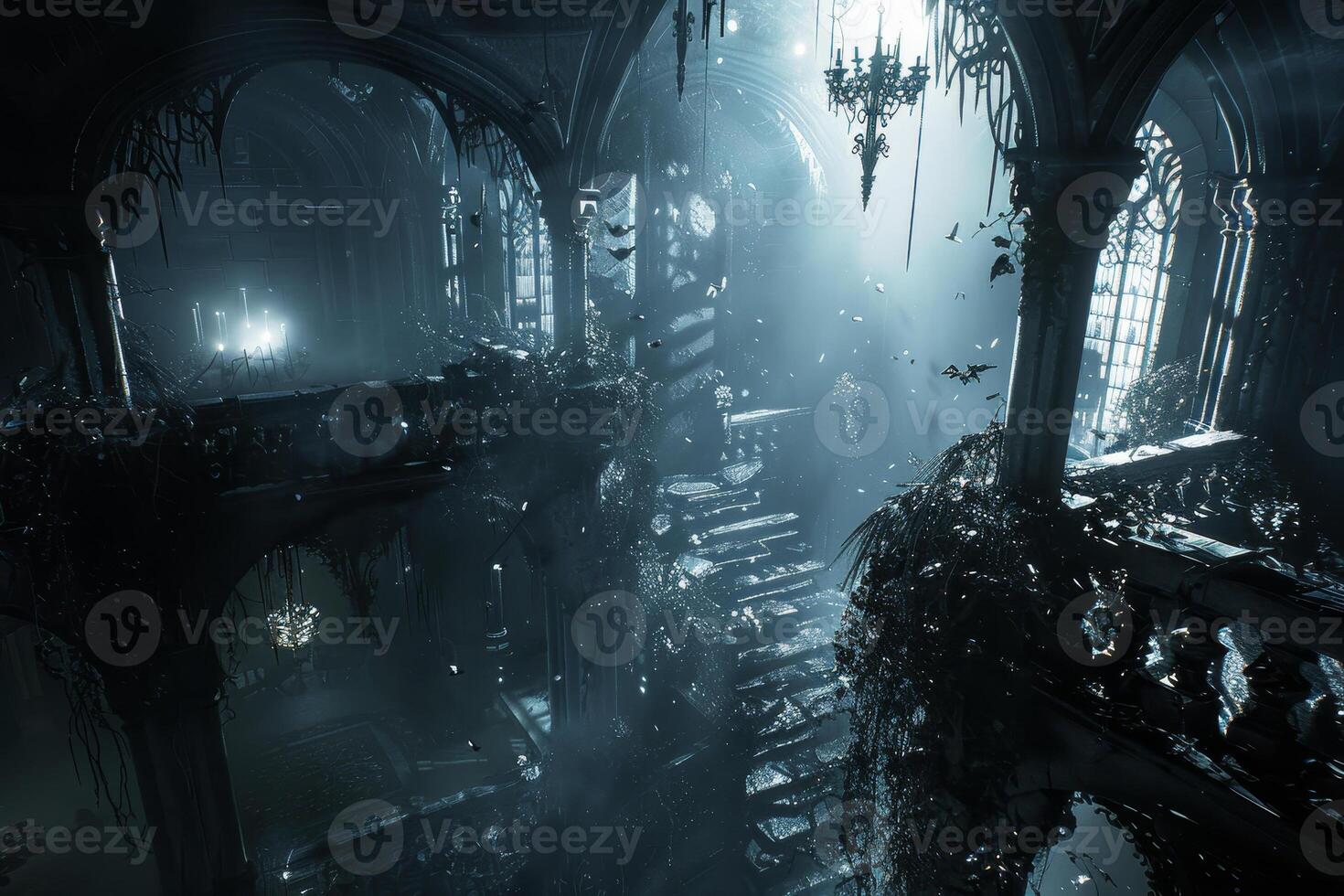 The dark and creepy interior of a building photo