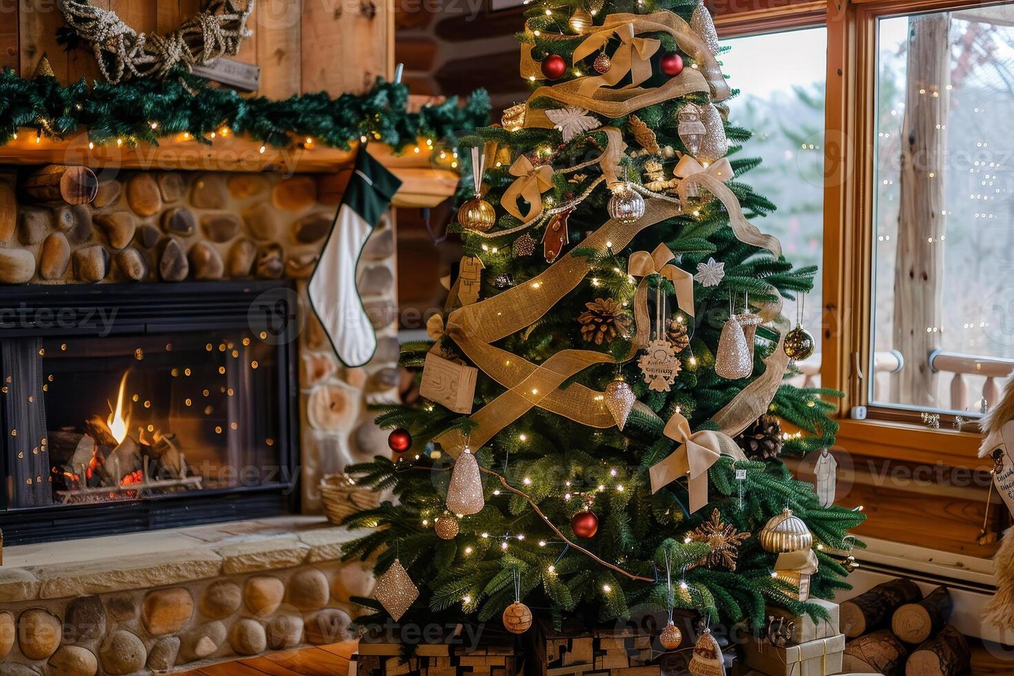 A christmas tree in front of a fireplace photo
