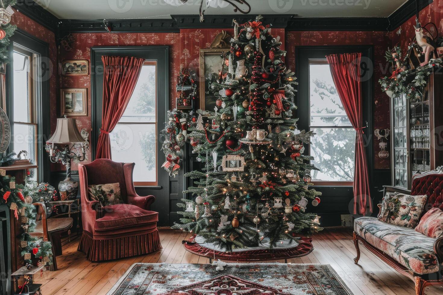 A living room decorated for christmas with red and black walls photo