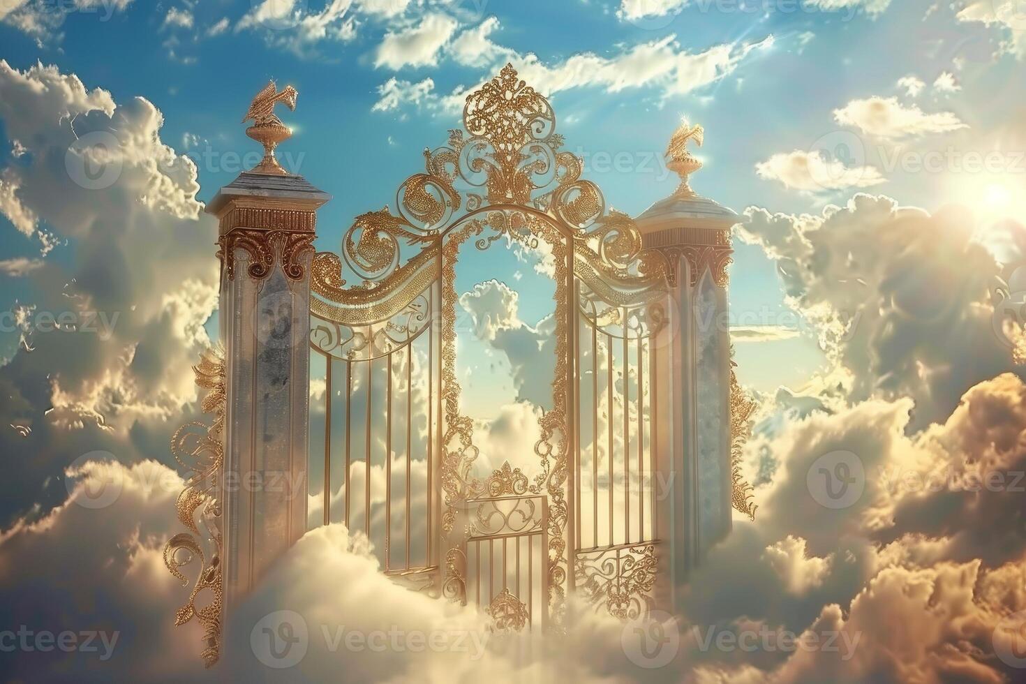 A gate in the clouds with a sun shining through photo