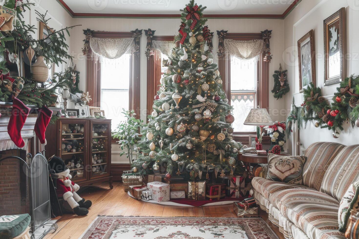 A living room decorated for christmas with a christmas tree photo