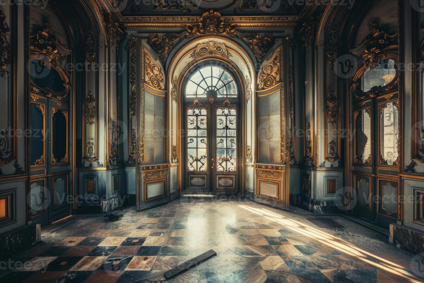An empty room with ornate walls and a door photo