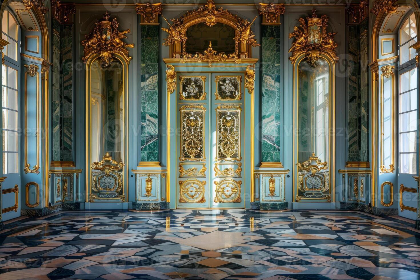 The interior of a palace with ornate doors and marble floors photo