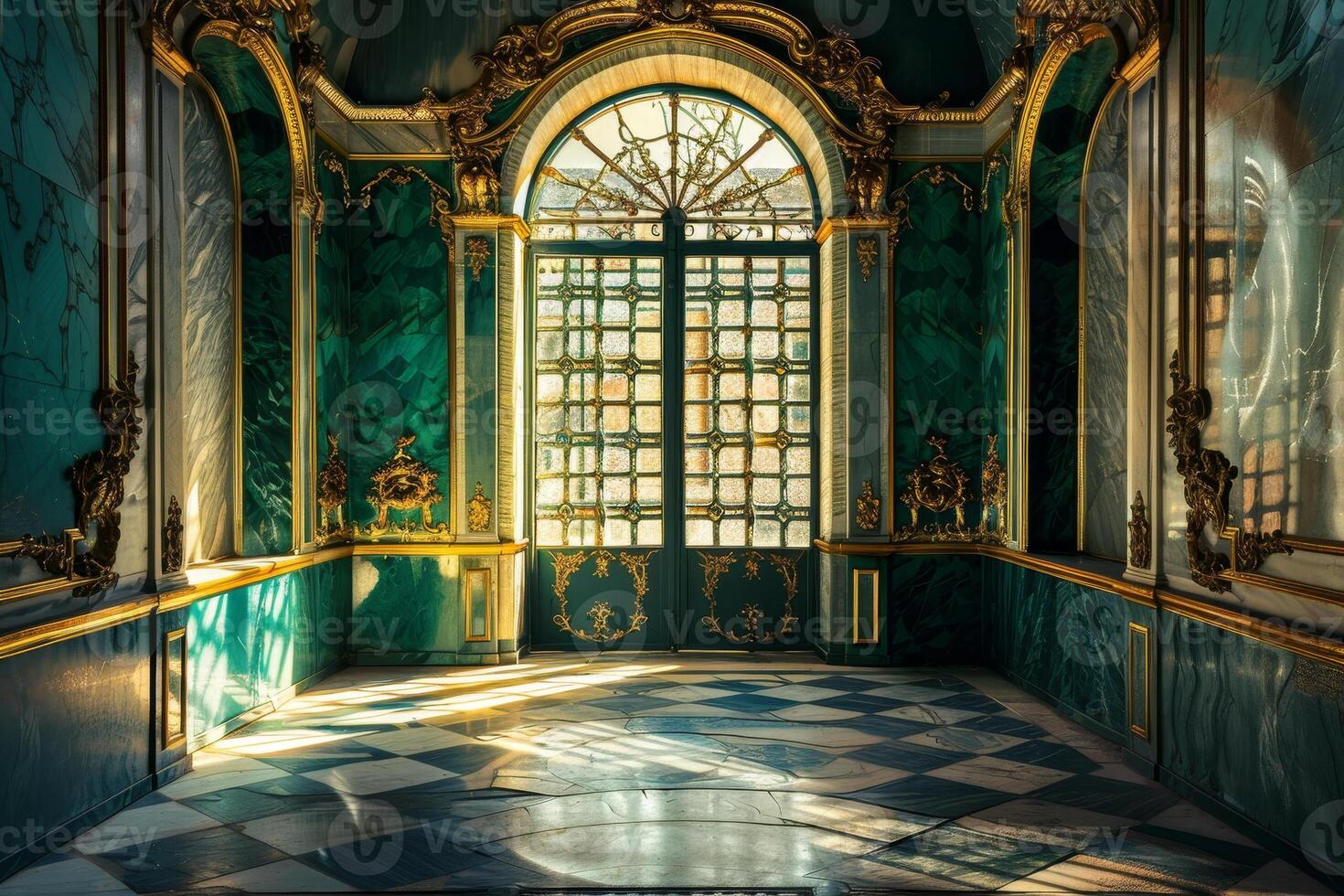 A room with a large window and gold and blue walls photo