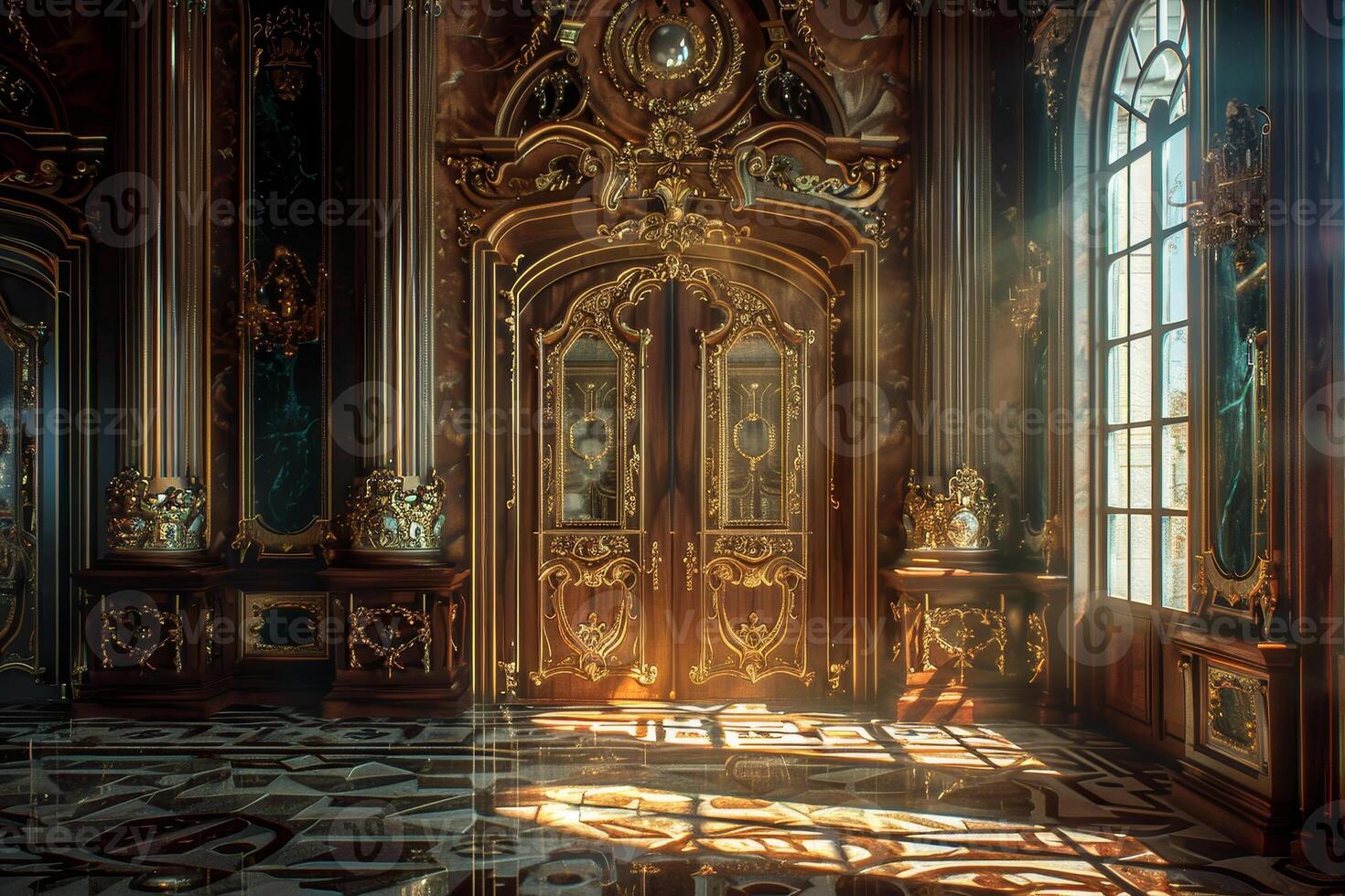 A room with ornate doors and a marble floor photo