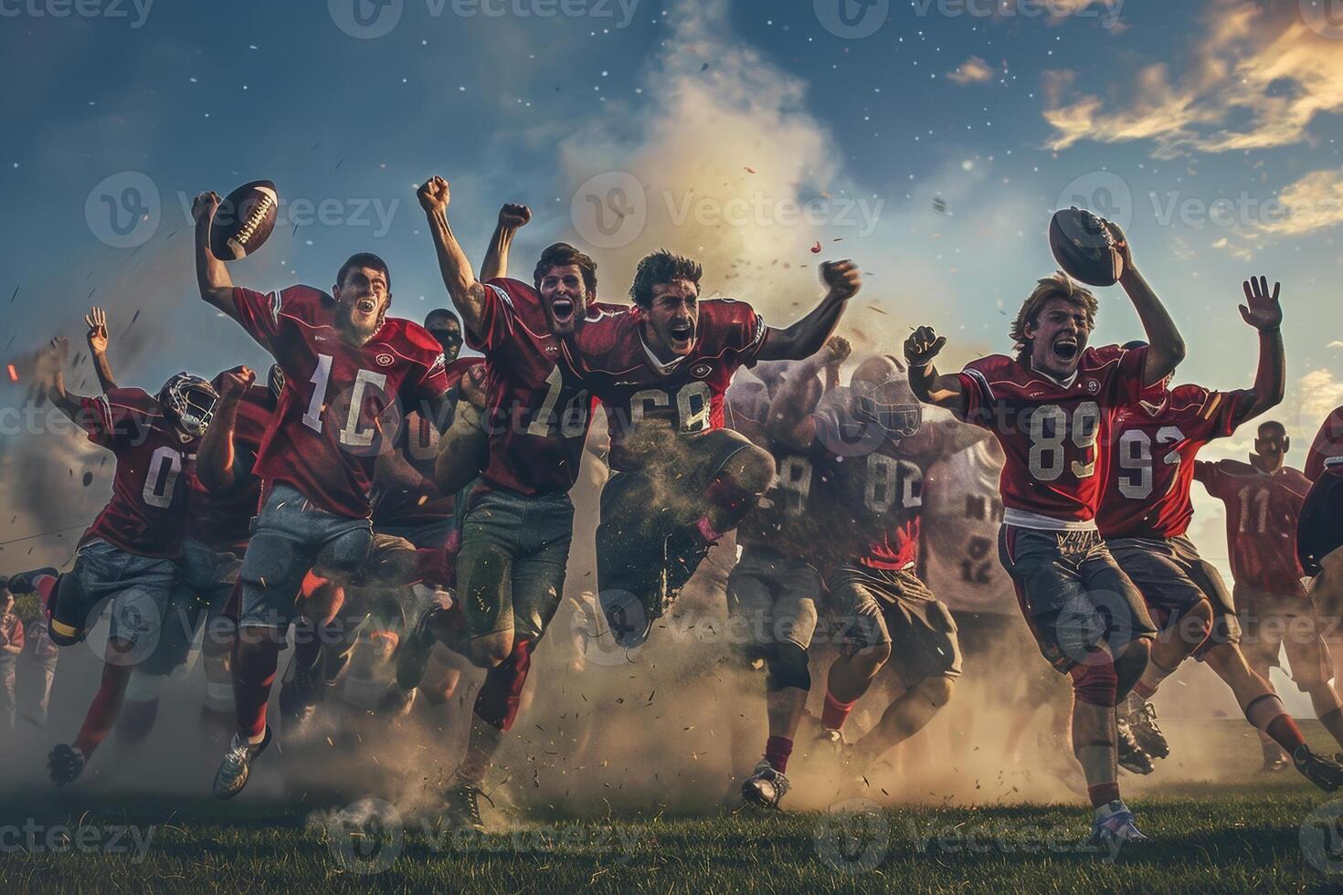 A group of football players running through the air photo