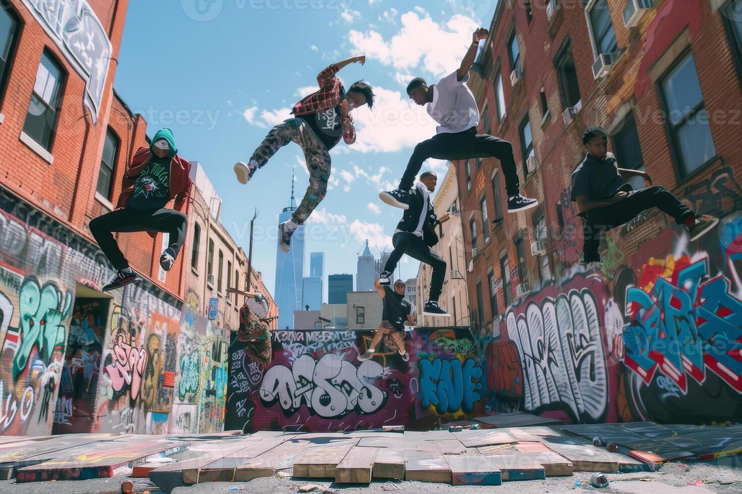 A group of people jumping in the air in front of graffiti covered buildings photo
