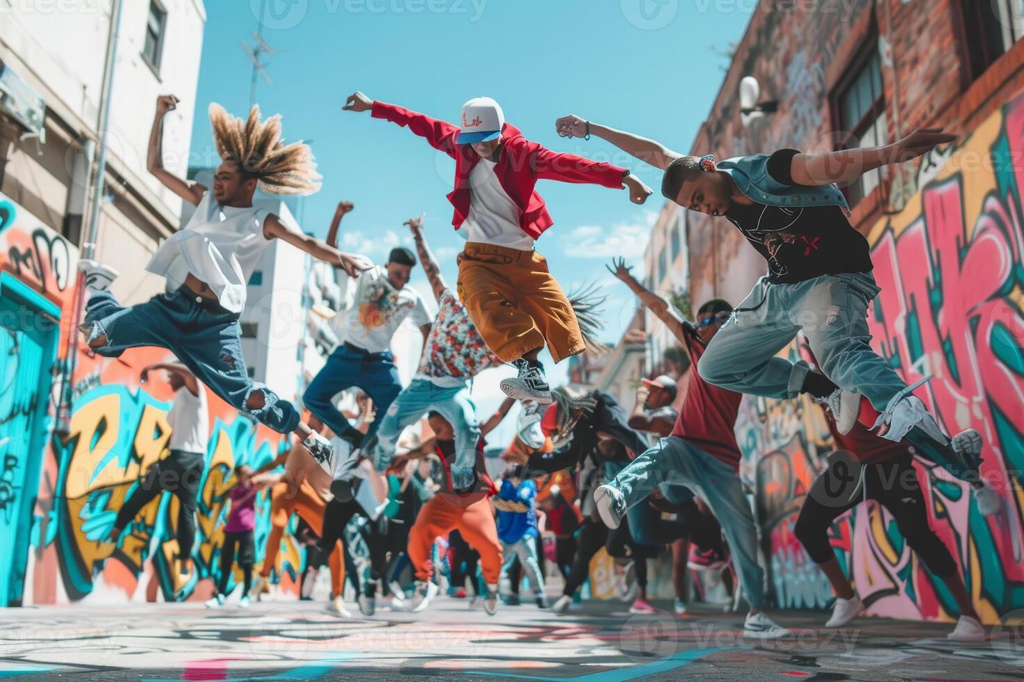 Group of young people jumping in the air in front of graffiti wall photo