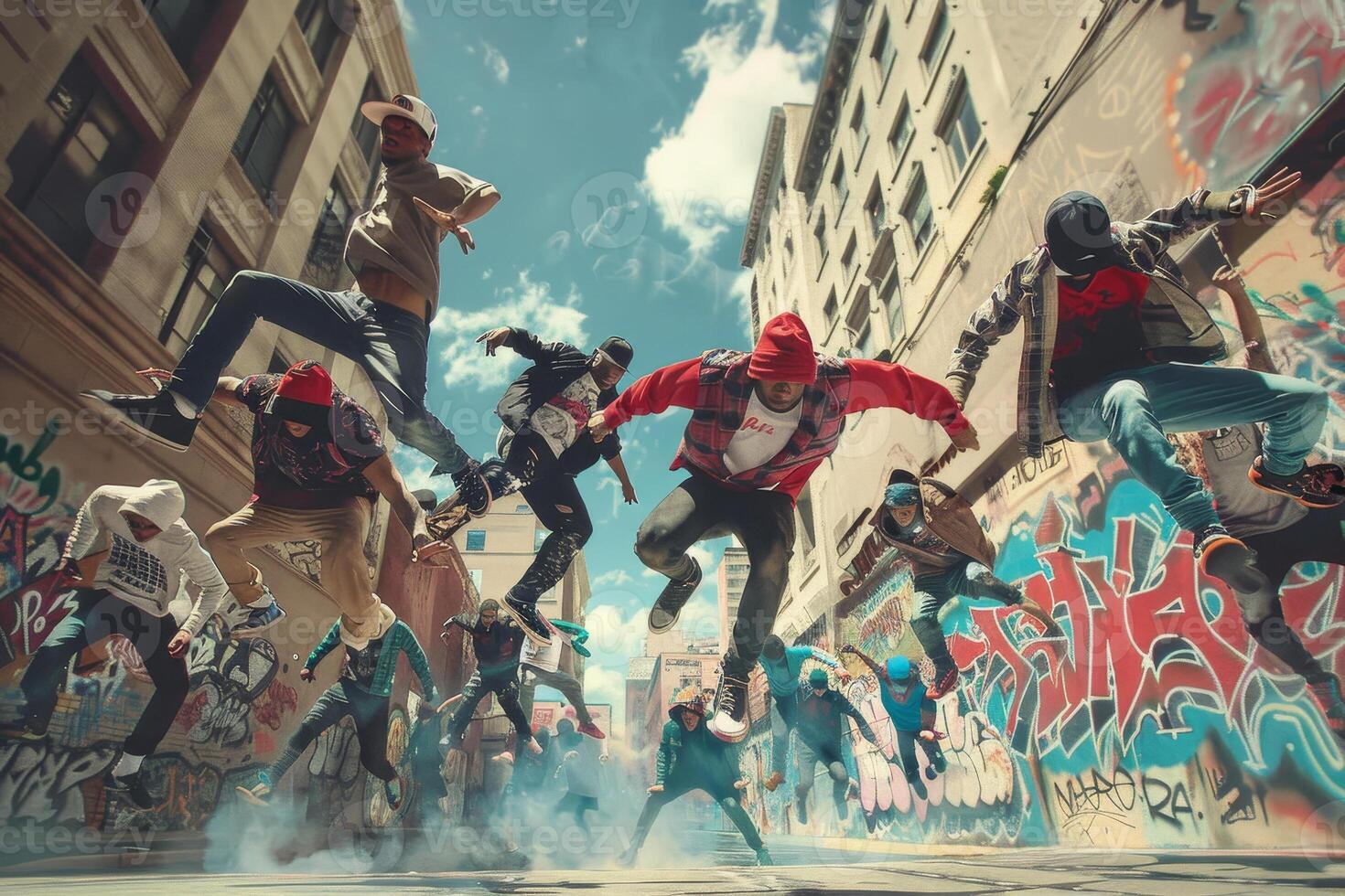 A group of people jumping in the air in front of graffiti photo