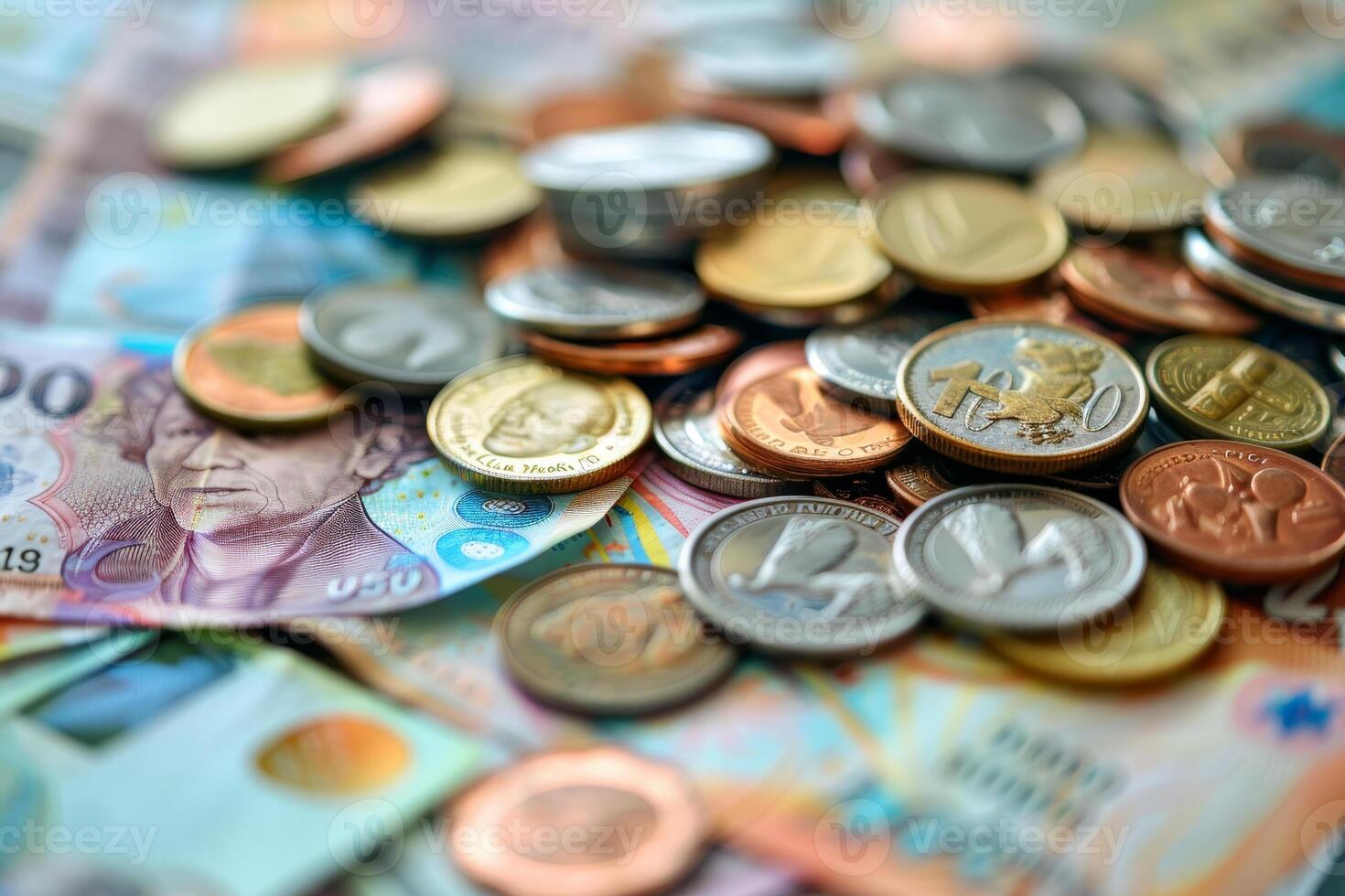 A pile of coins and bills photo
