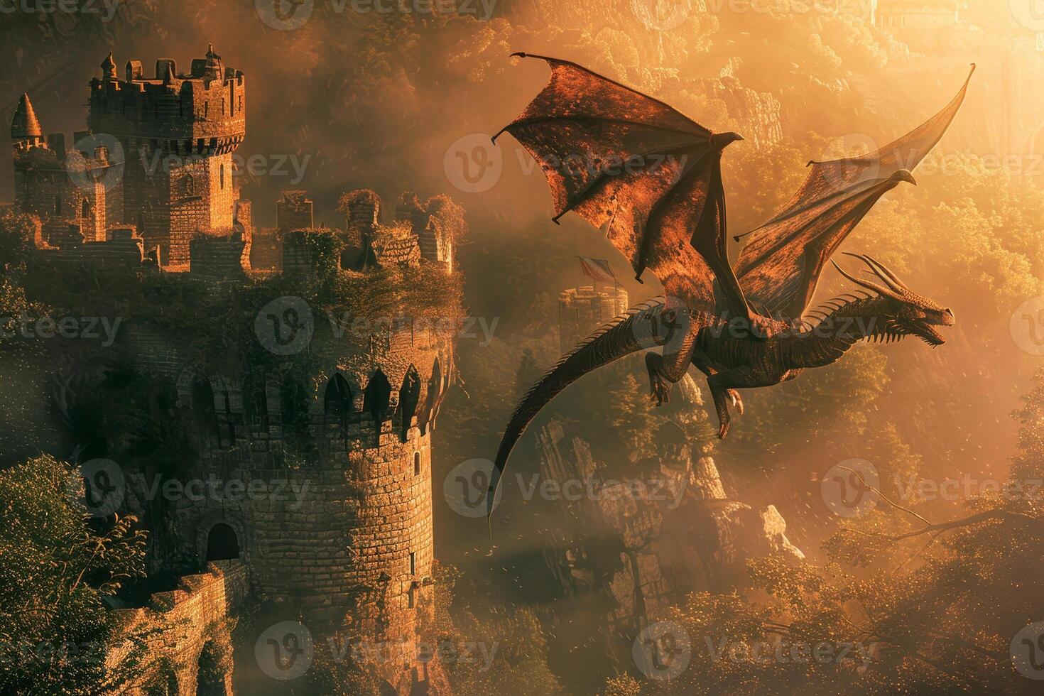 A dragon flying over a castle with a tower in the background photo