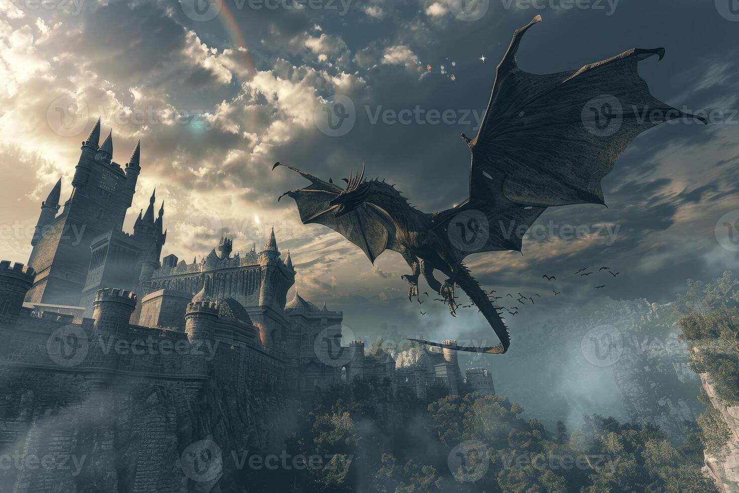 Dragon flying over a castle in the sky photo