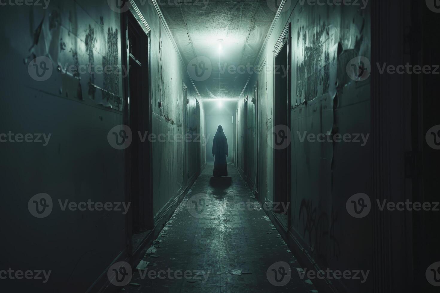 A person walking down a dark hallway with a light shining on them photo