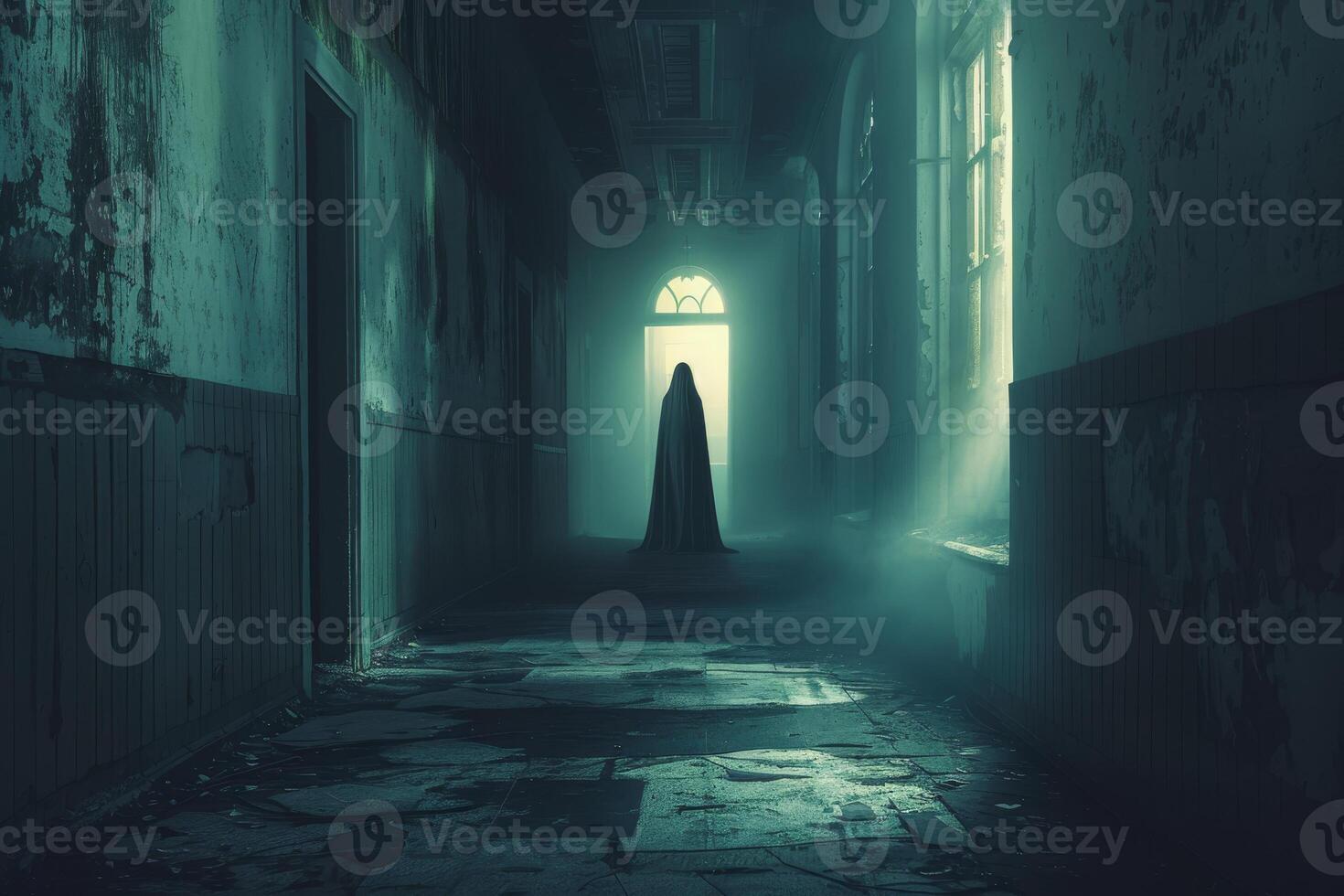 A dark hallway with a ghostly figure standing in the middle photo