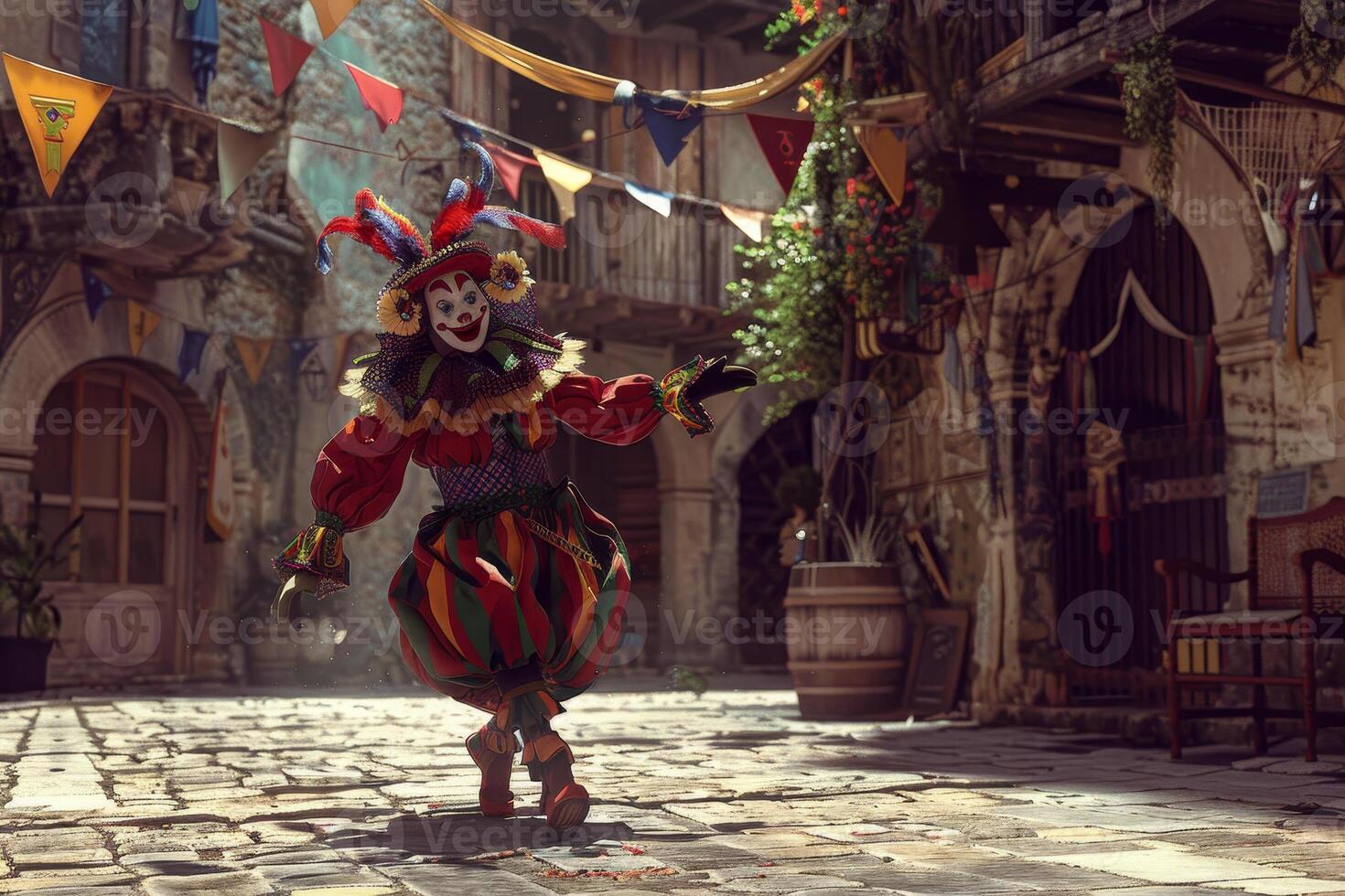 A clown is walking down a street in a game photo