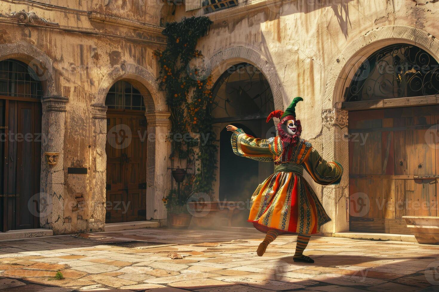 A man dressed in a clown costume is dancing in an old building photo