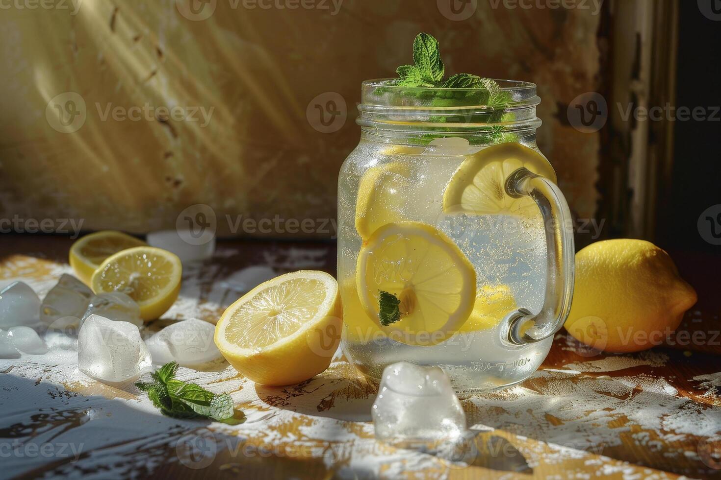 Lemonade in a jar with ice cubes photo