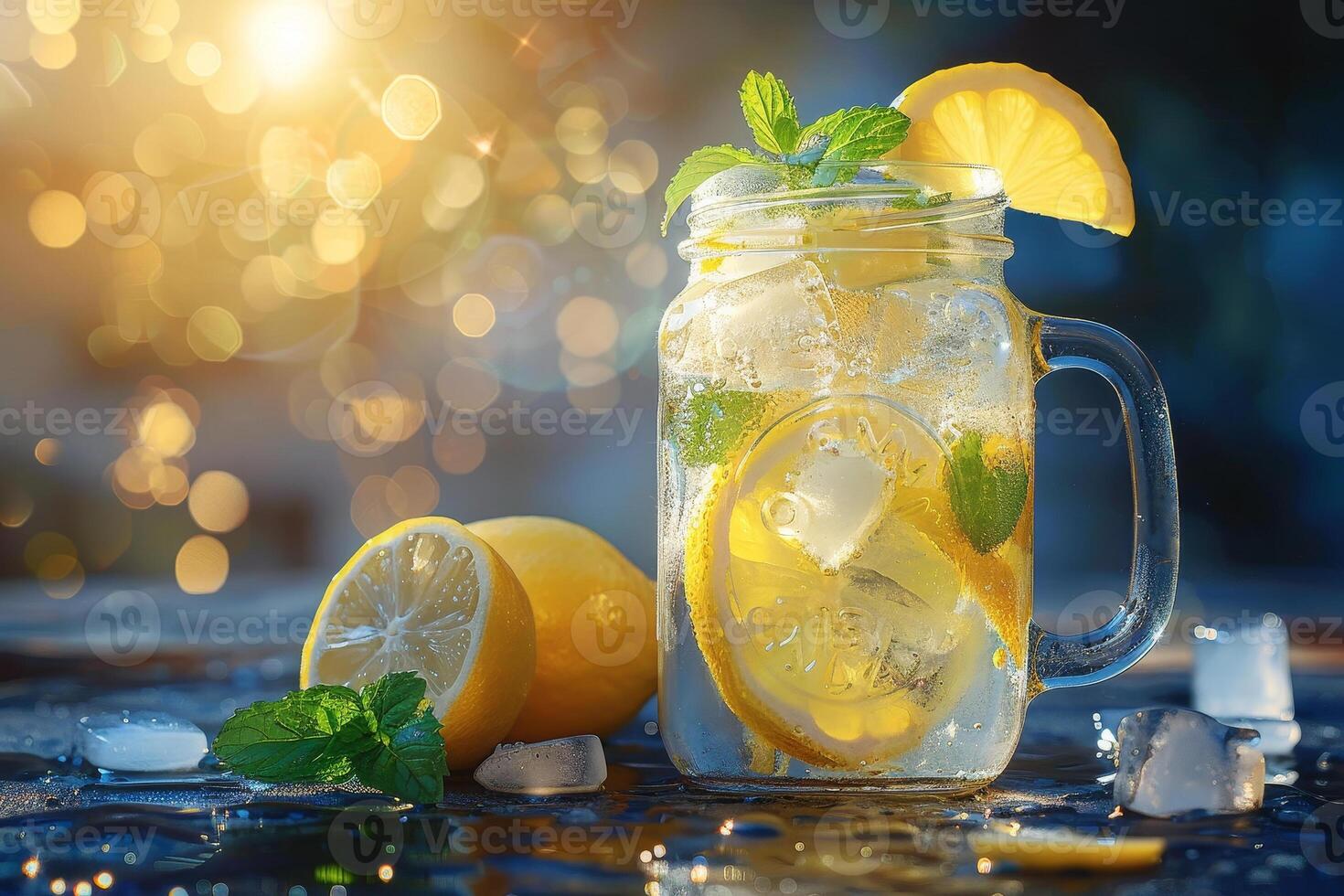 Lemonade in a jar with ice and lemon slices photo