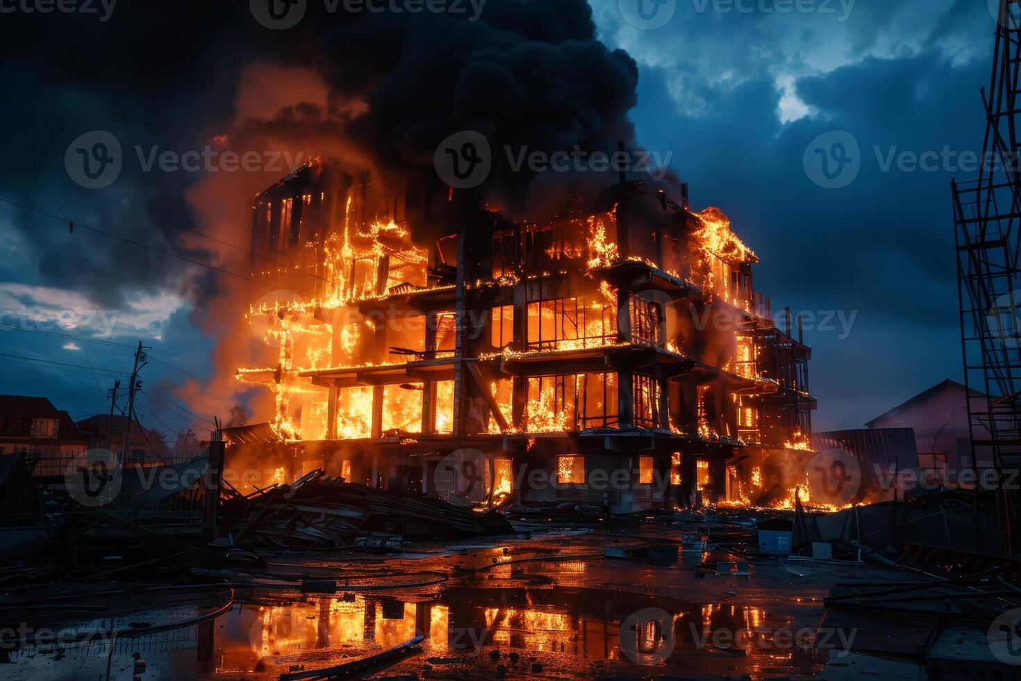 A large building is on fire with smoke coming out photo