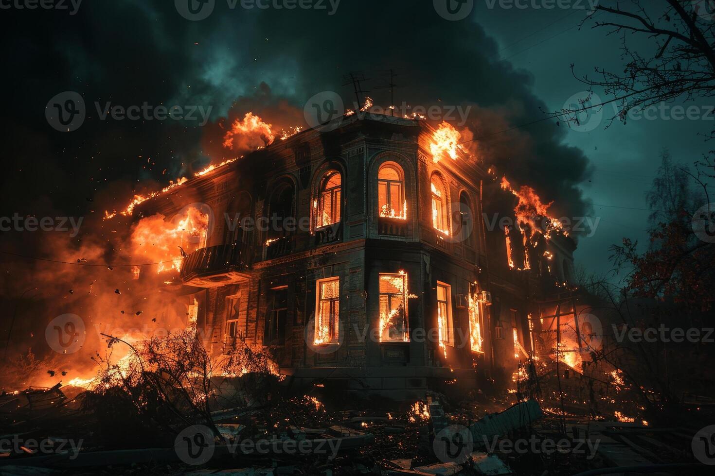 A burning house in the middle of the night photo
