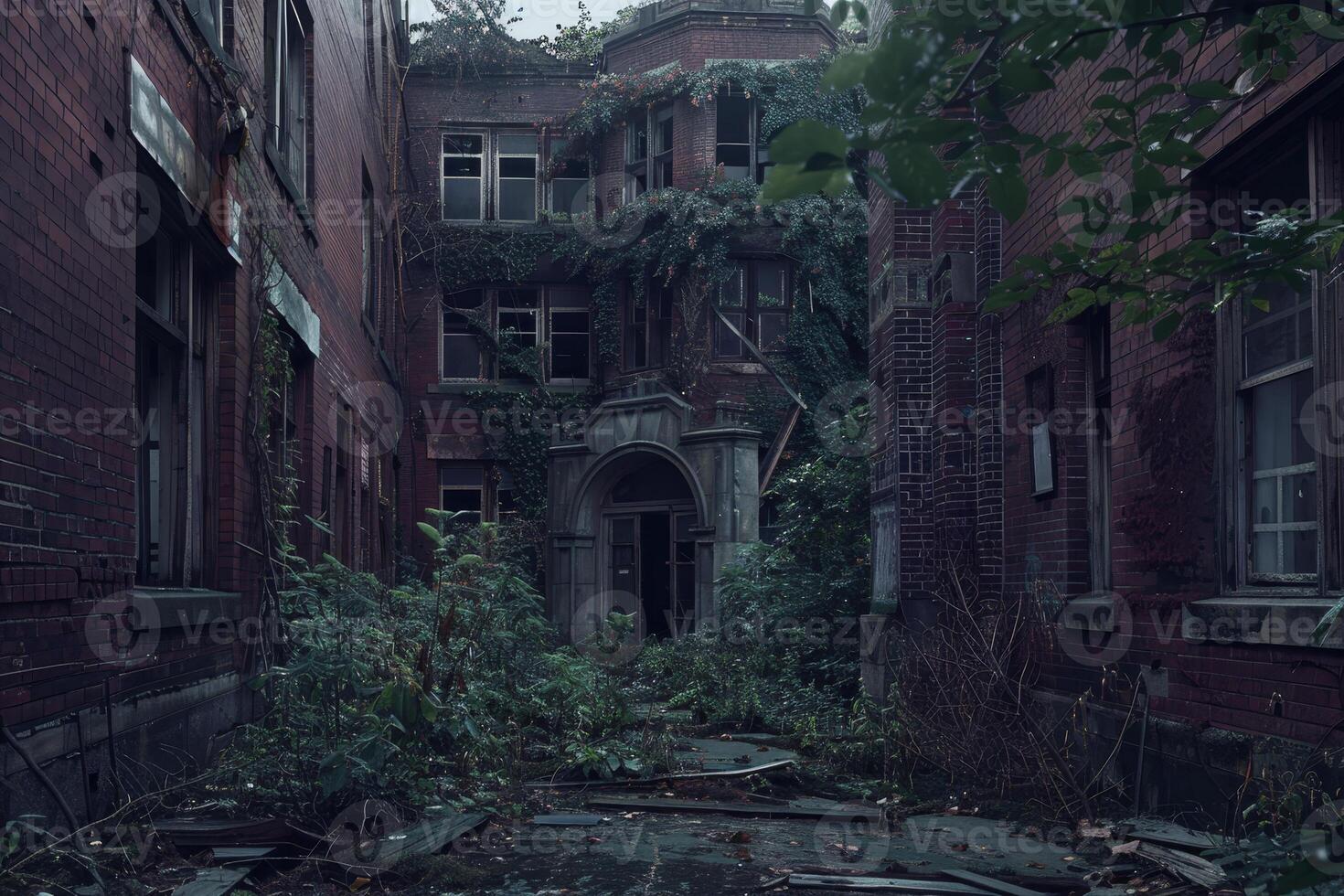 The abandoned building is surrounded by trees and bushes photo