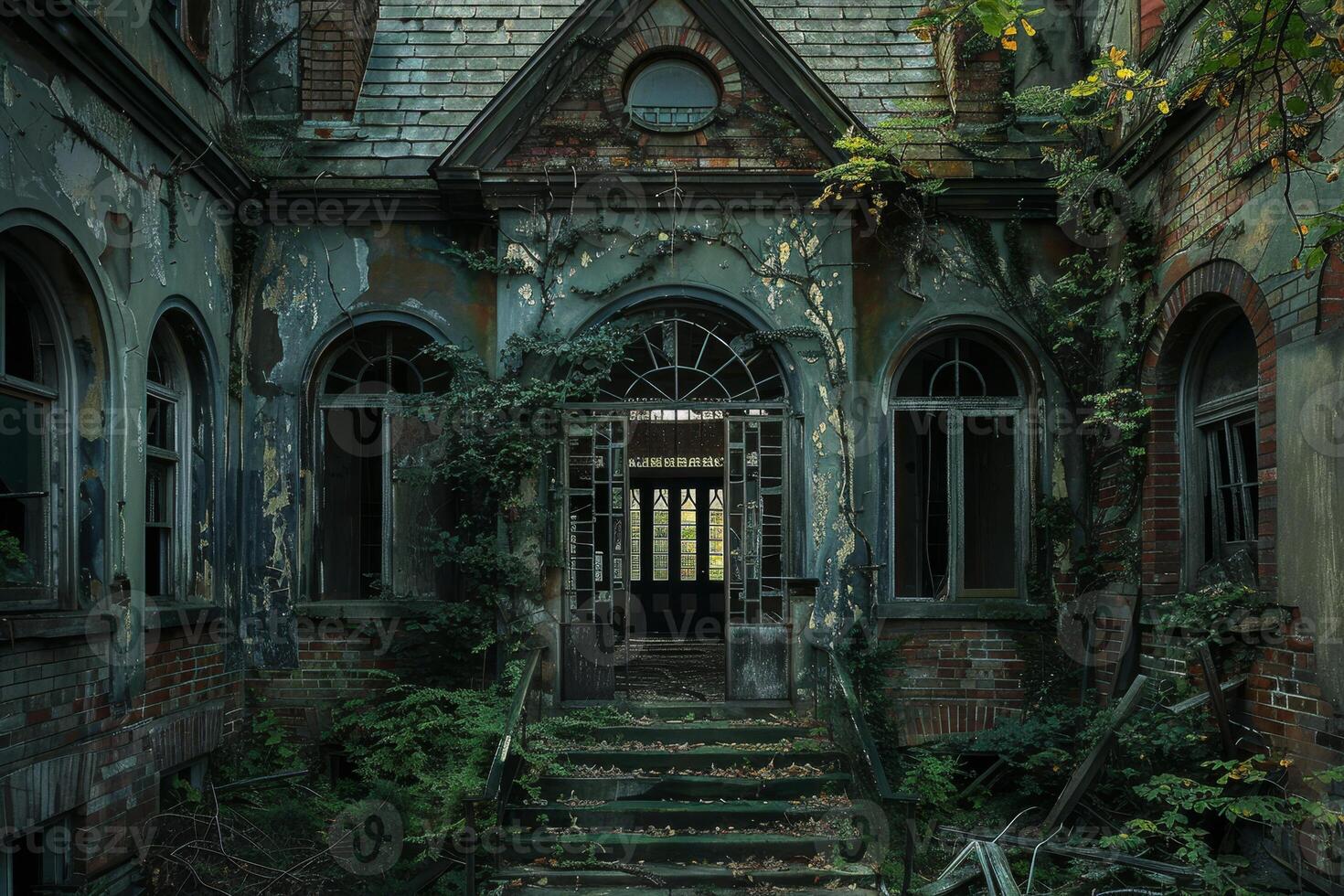 An abandoned building with a staircase and a door photo
