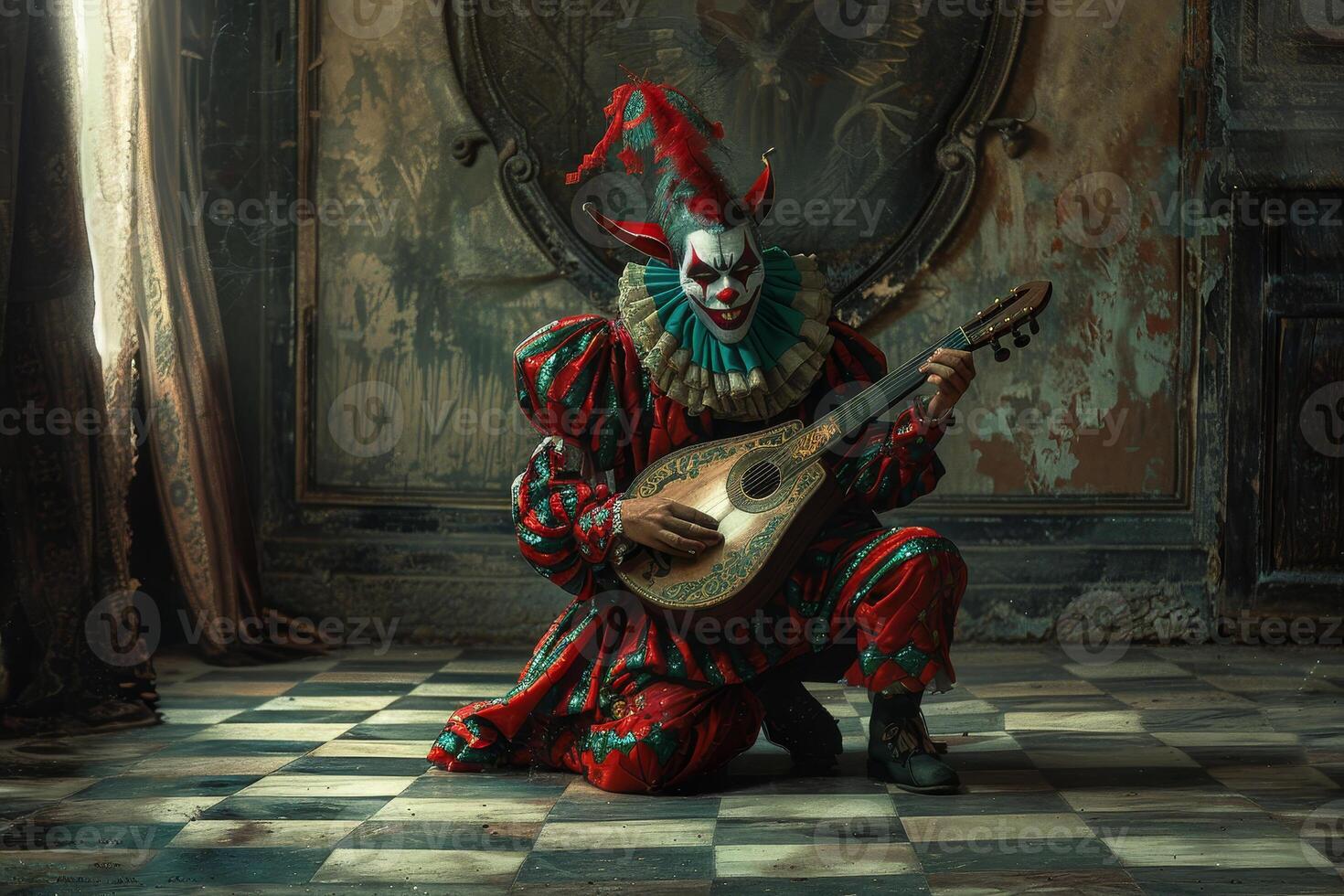 A clown playing a guitar in an old room photo