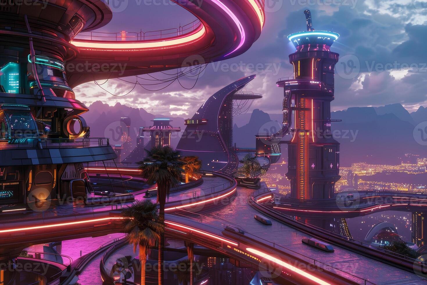 A futuristic city with neon lights and buildings photo