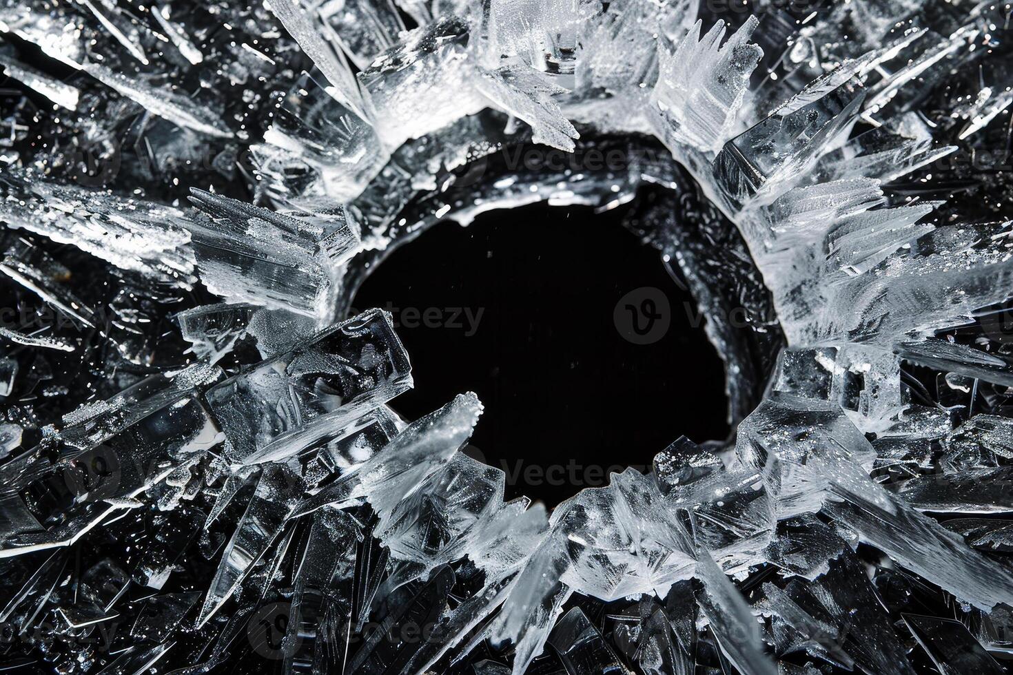 A bullet hole in a window with a black background photo