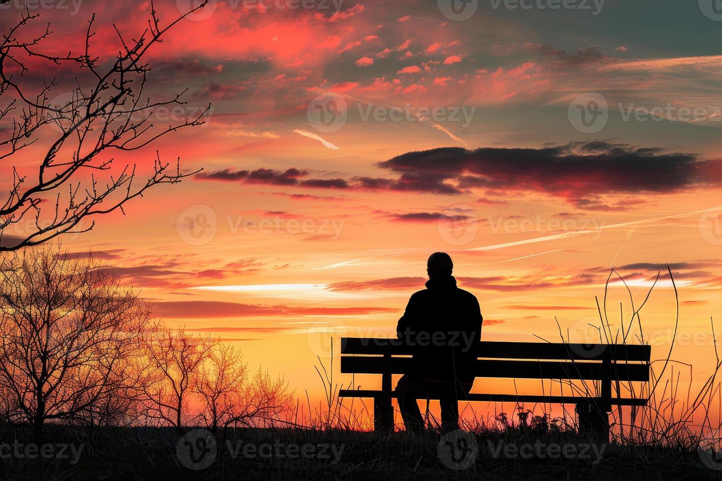 A person sitting on a bench at sunset photo