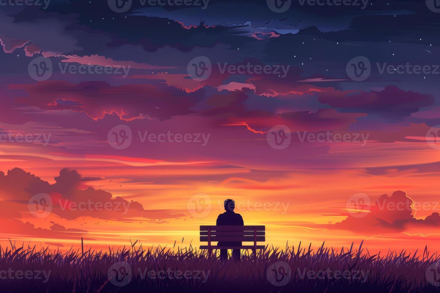 Man sitting on bench at sunset with clouds in the background photo