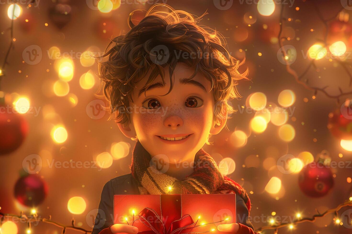A boy holding a christmas gift in front of a christmas tree photo