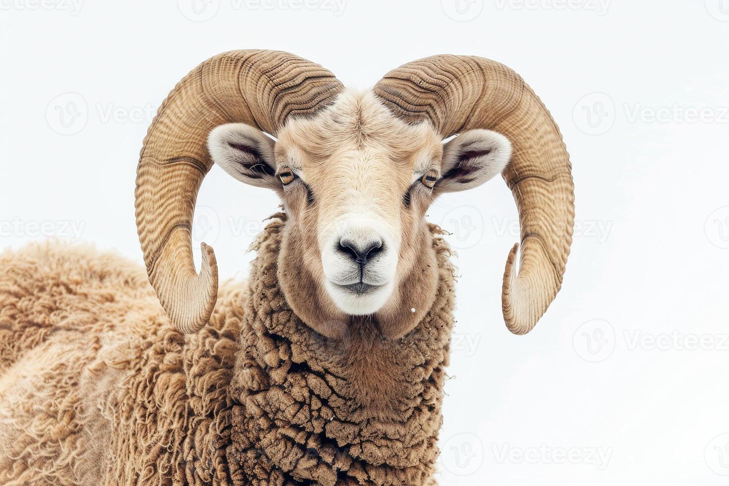 A ram with large horns standing in front of a white background photo