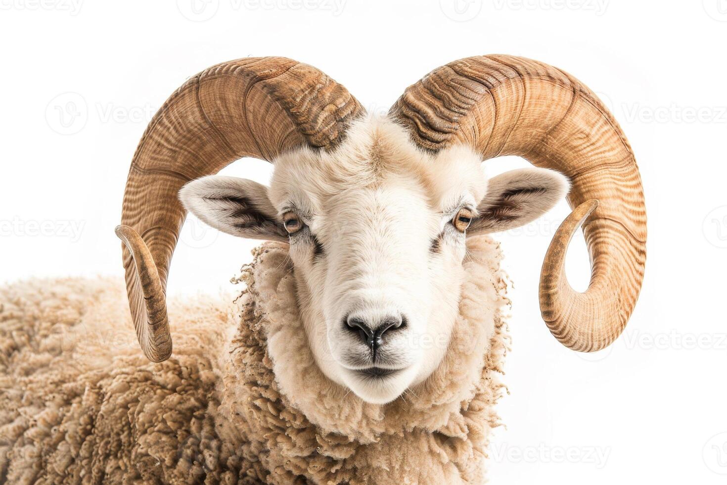 A ram with large horns on a white background photo
