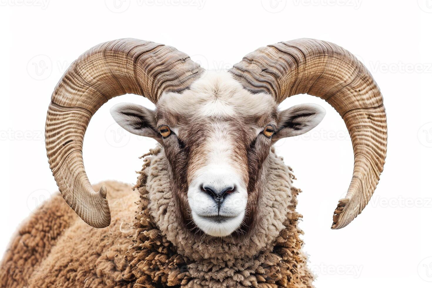 A ram with large horns on a white background photo