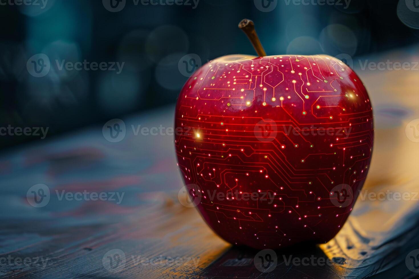 A red apple with a glowing circuit board on its surface photo