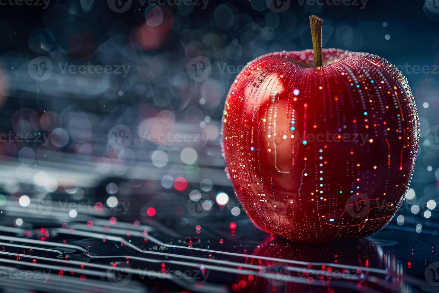 A red apple is sitting on a black surface with a lot of sparkles photo