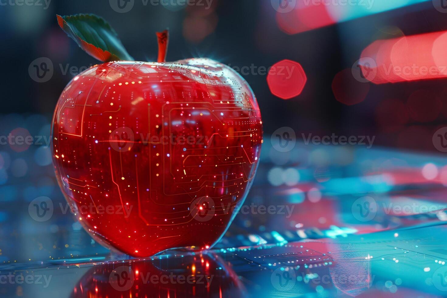 A red apple with a green leaf on top is displayed on a blue background photo