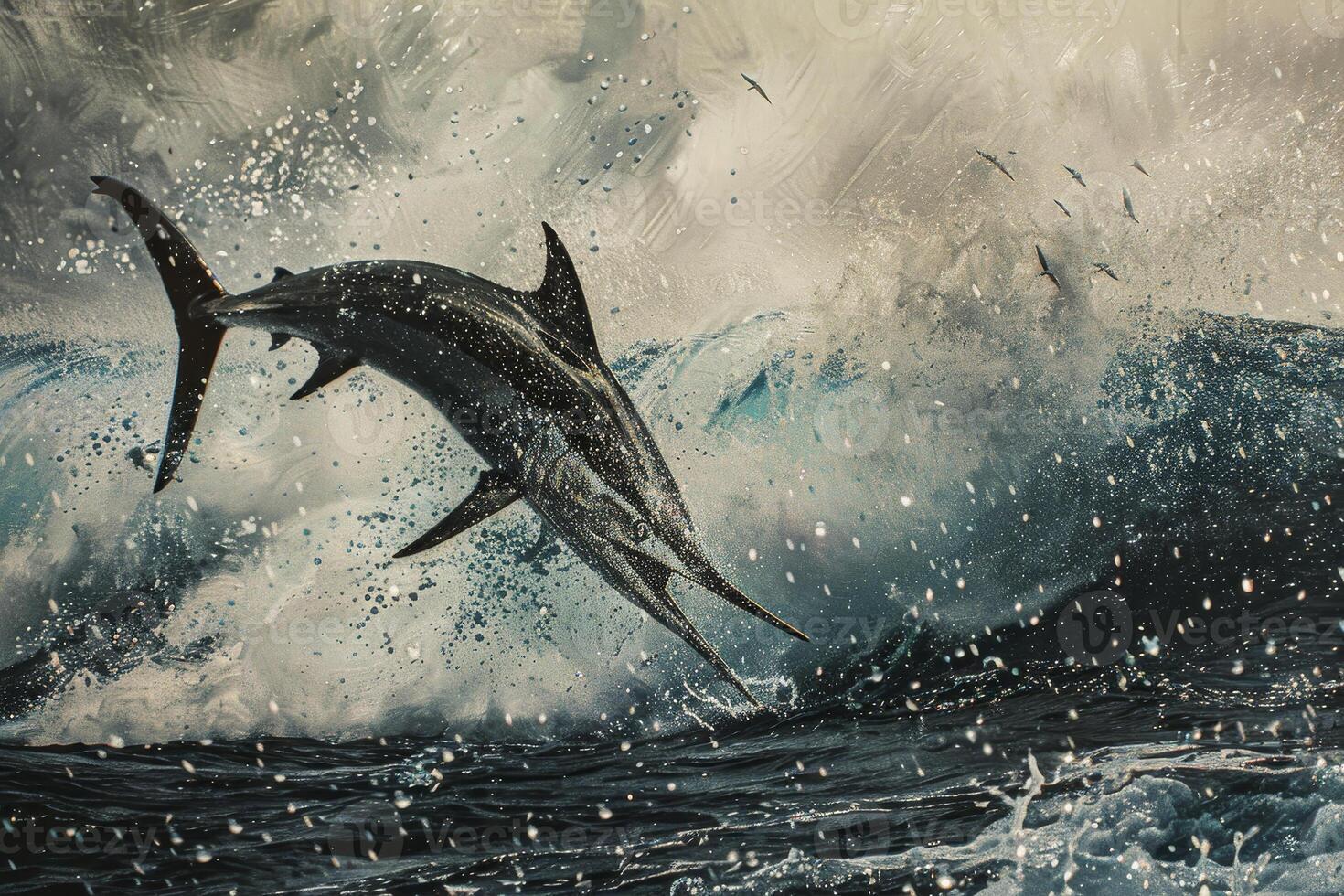 A large shark is leaping out of the water, surrounded by a spray of water photo