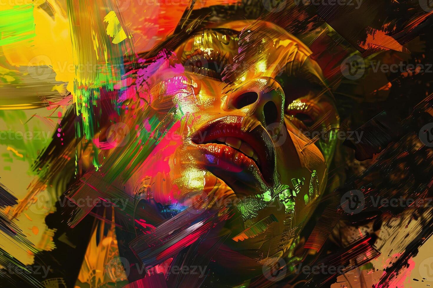 A woman's face is painted with bright colors and has a gold tint photo