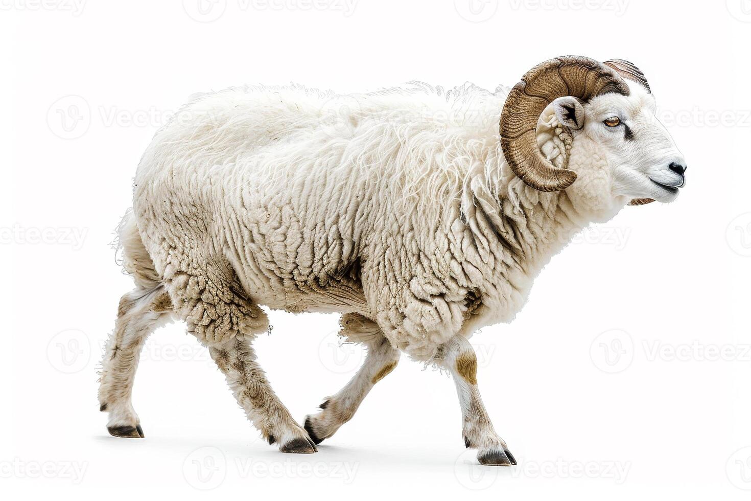 A ram is walking on a white background photo