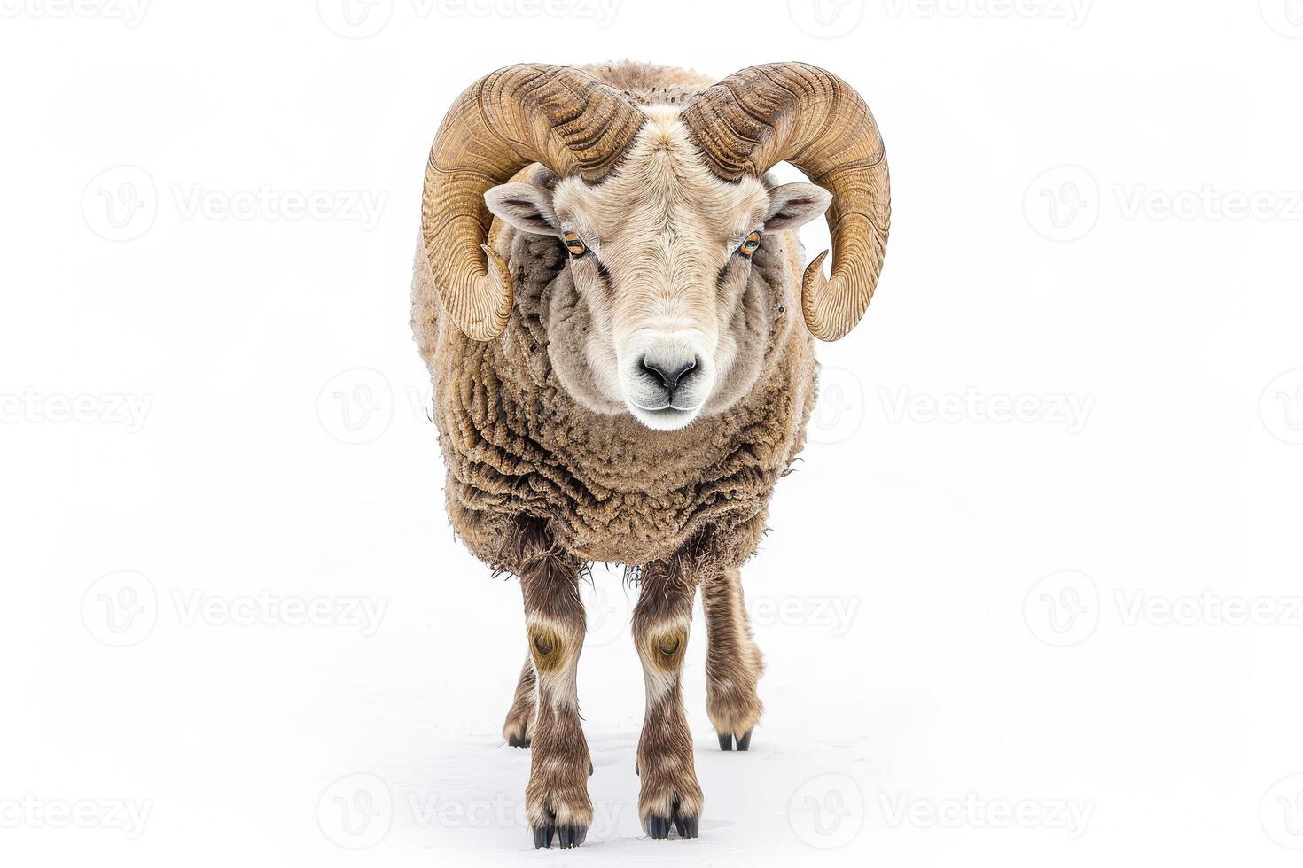 A ram with large horns standing in front of a white background photo