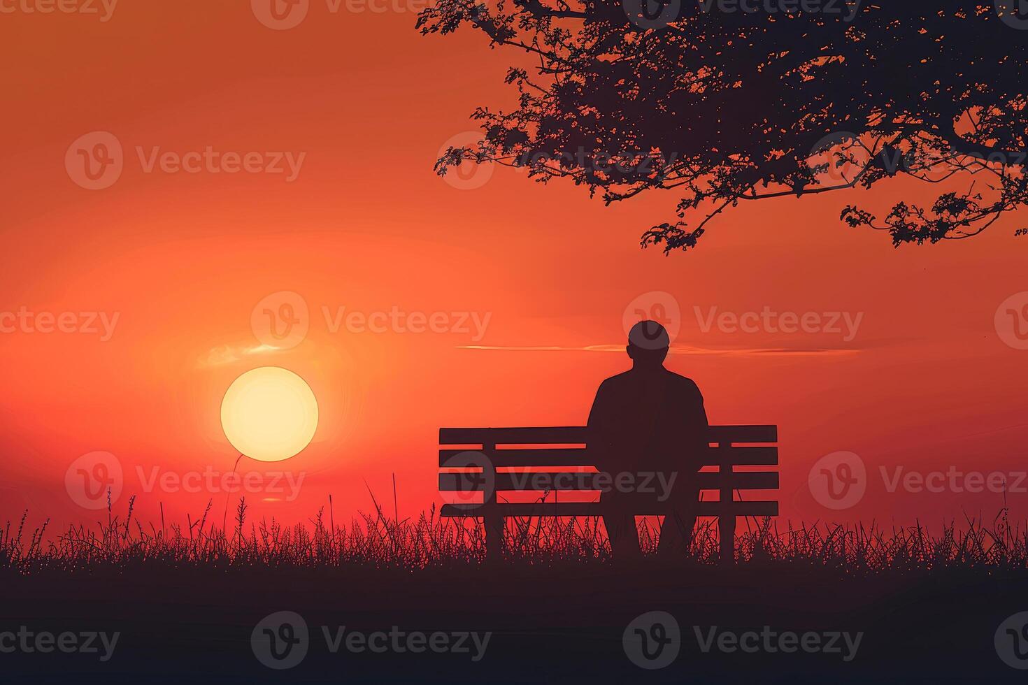 A man sits on a bench at sunset photo