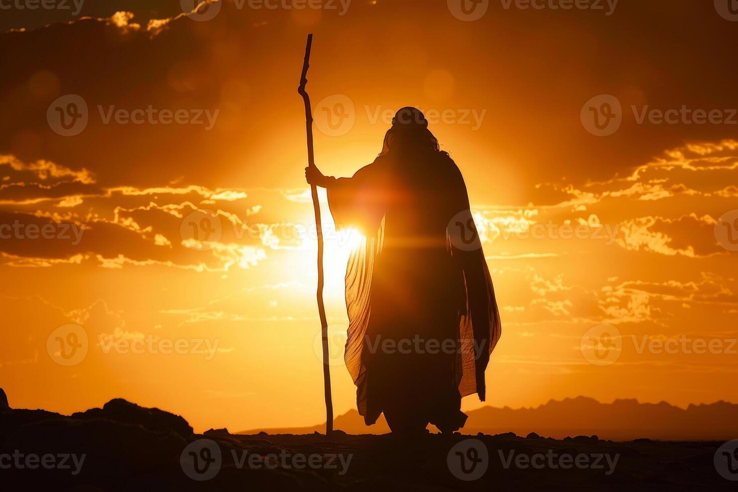 A man in a cloak is standing in the desert at sunset photo