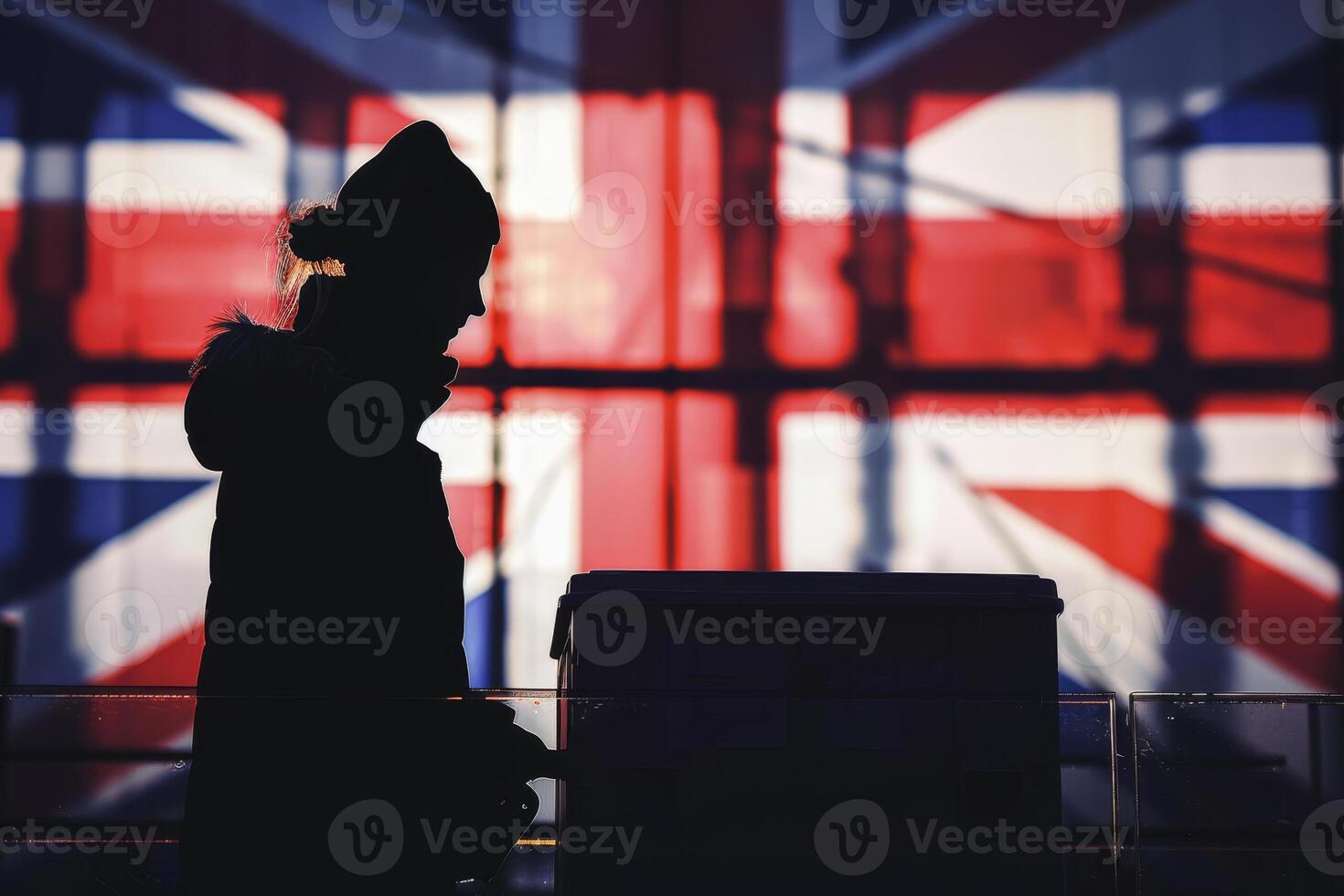 A silhouette of a person standing in front of a british flag photo