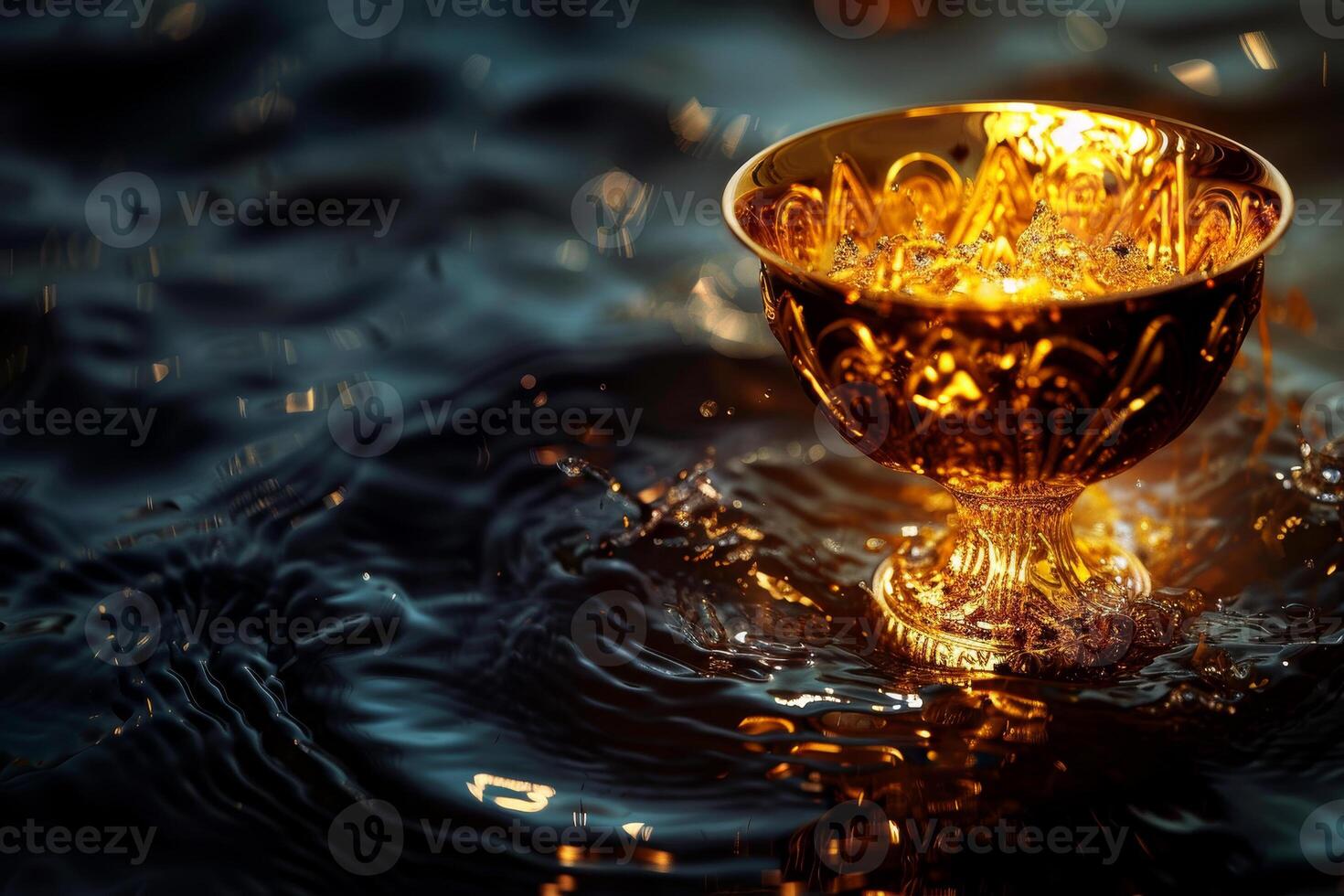Golden goblet on water photo