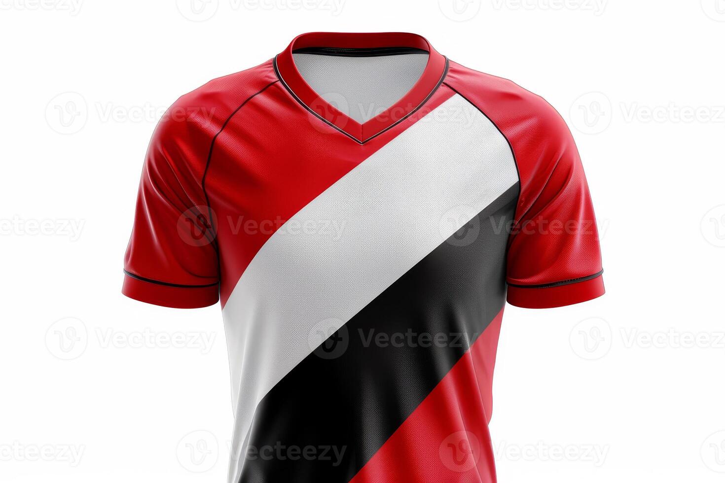 A red and black soccer jersey with a white stripe photo