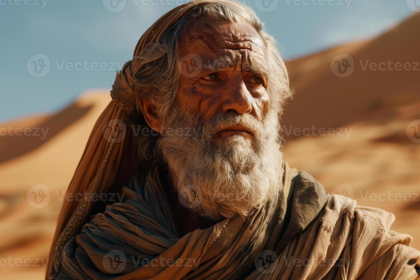 An old man with a beard and long hair standing in the desert photo