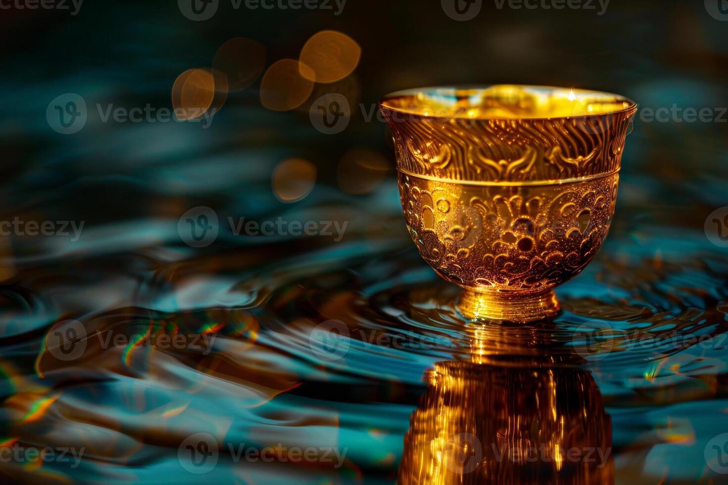 Golden cup in water with bokeh background photo