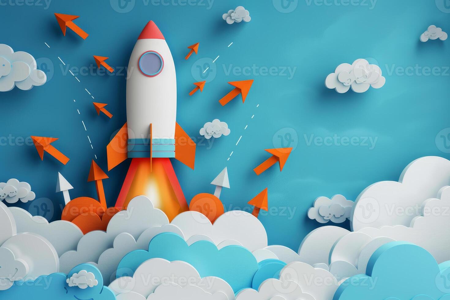 A paper rocket is flying through the sky with a trail of orange photo